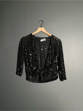 Chico’s Size 1 Black Sequin Tie Front Open Cardigan Shrug Evening Party Top